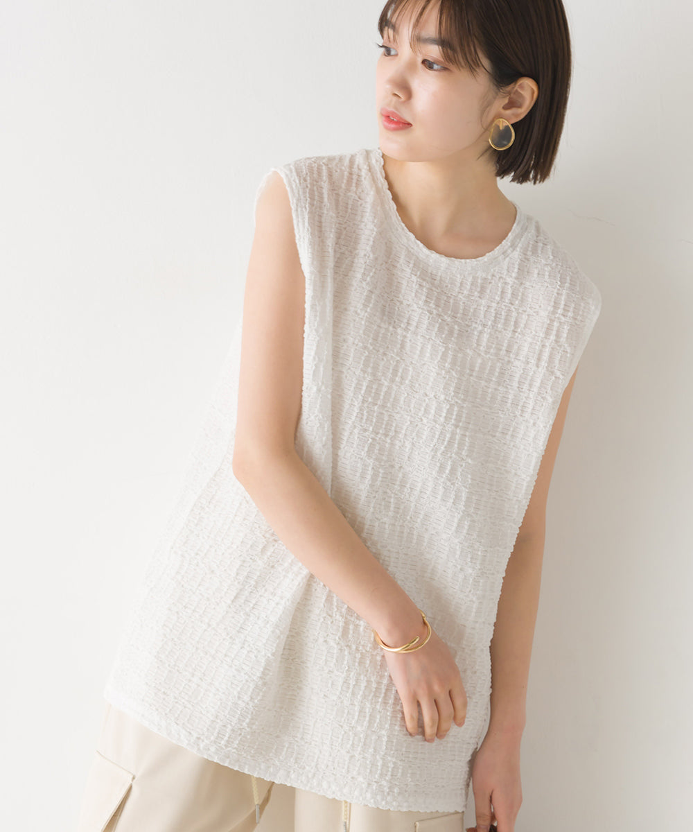 【OMNES】ポコポコストライプカットジャガードノースリーブTシャツ【1523-5372】