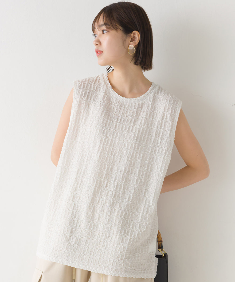 【OMNES】ポコポコストライプカットジャガードノースリーブTシャツ【1523-5372】