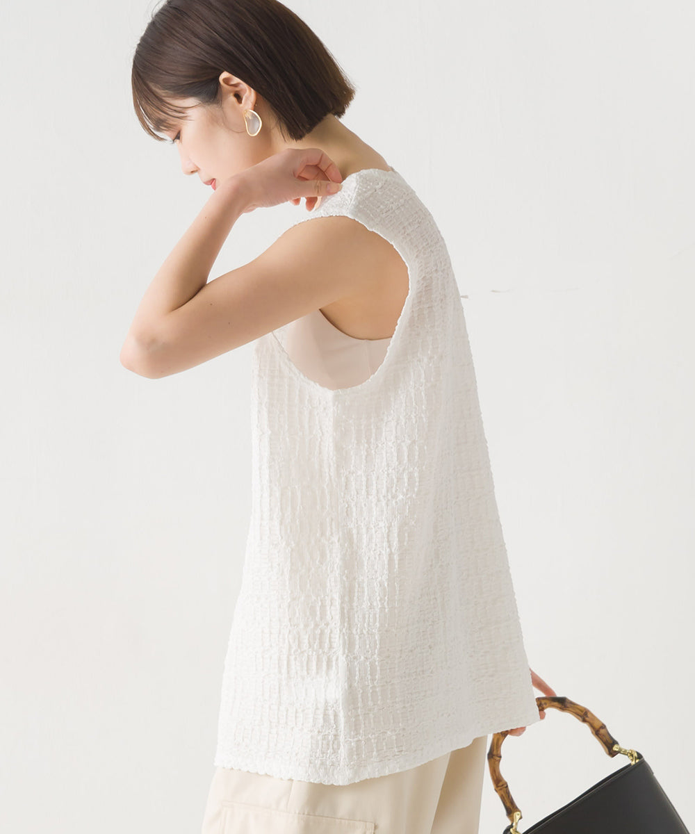 【OMNES】ポコポコストライプカットジャガードノースリーブTシャツ【1523-5372】