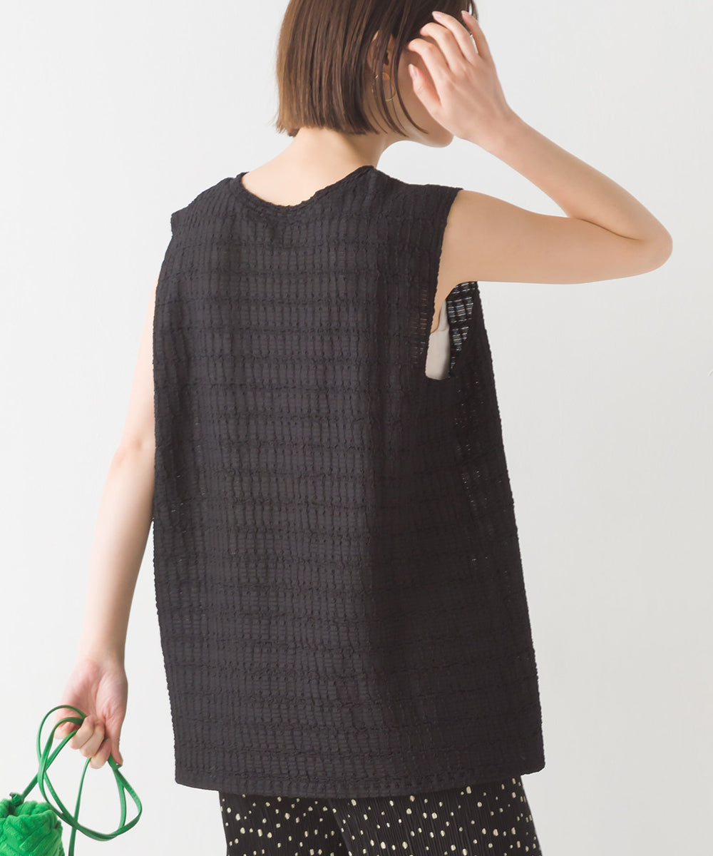 【OMNES】ポコポコストライプカットジャガードノースリーブTシャツ【1523-5372】