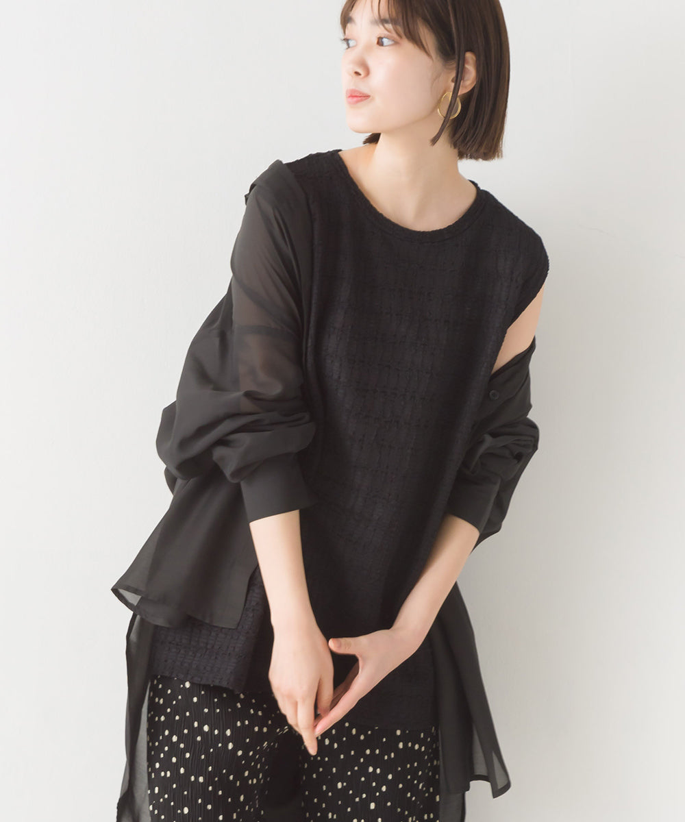 【OMNES】ポコポコストライプカットジャガードノースリーブTシャツ【1523-5372】
