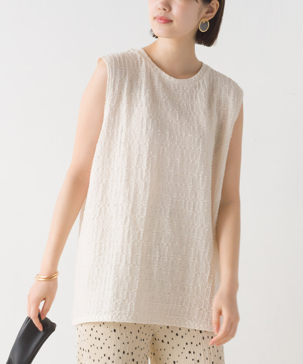 【OMNES】ポコポコストライプカットジャガードノースリーブTシャツ【1523-5372】