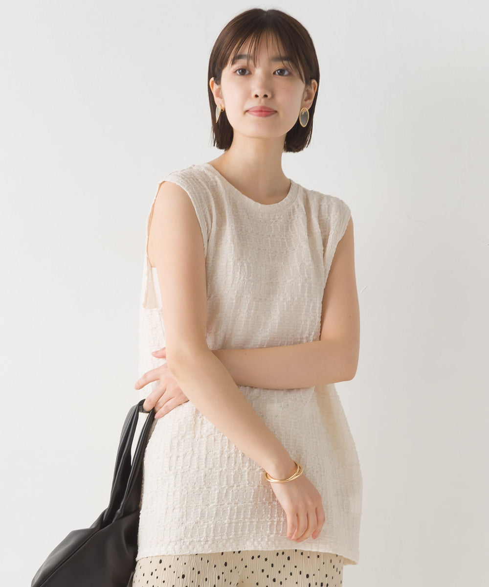 【OMNES】ポコポコストライプカットジャガードノースリーブTシャツ【1523-5372】