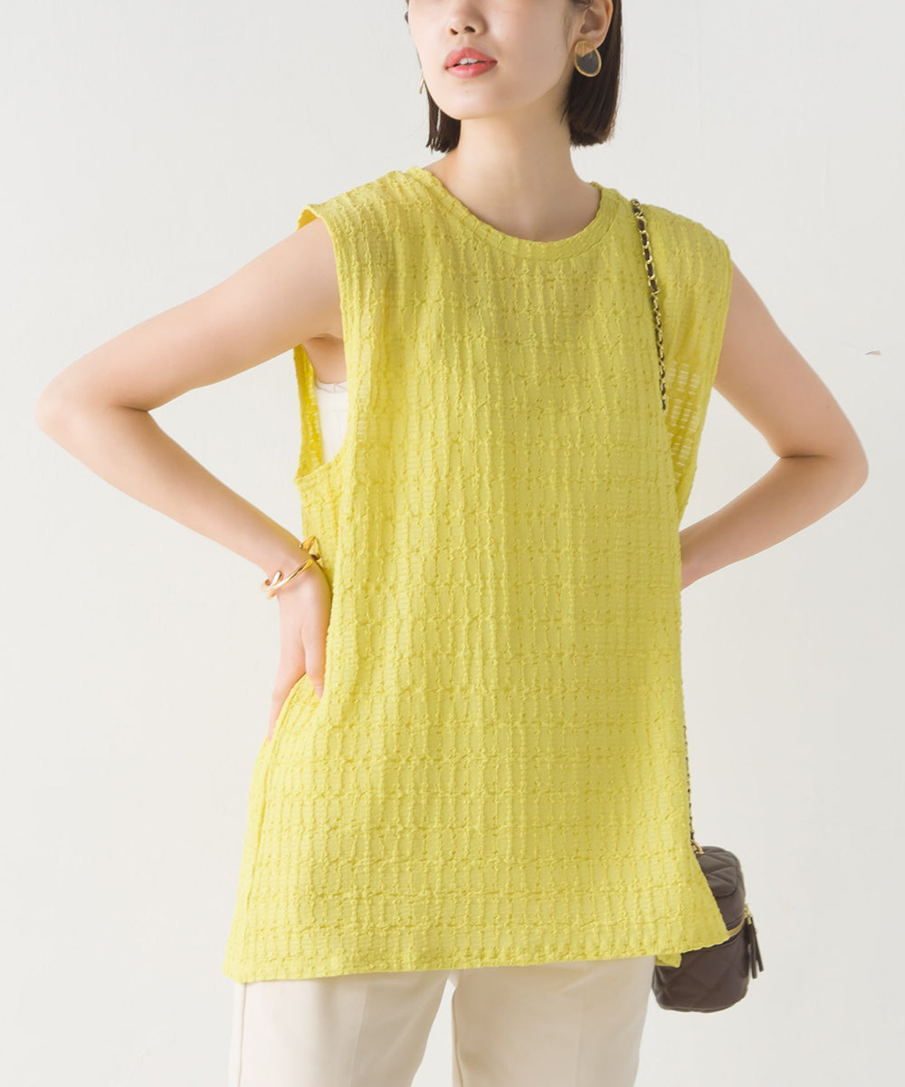【OMNES】ポコポコストライプカットジャガードノースリーブTシャツ【1523-5372】