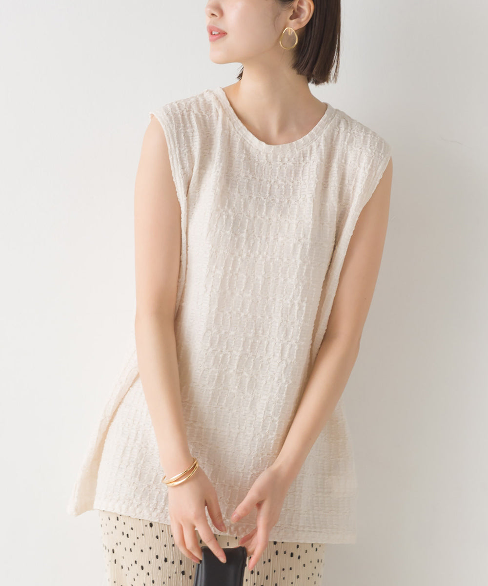 【OMNES】ポコポコストライプカットジャガードノースリーブTシャツ【1523-5372】