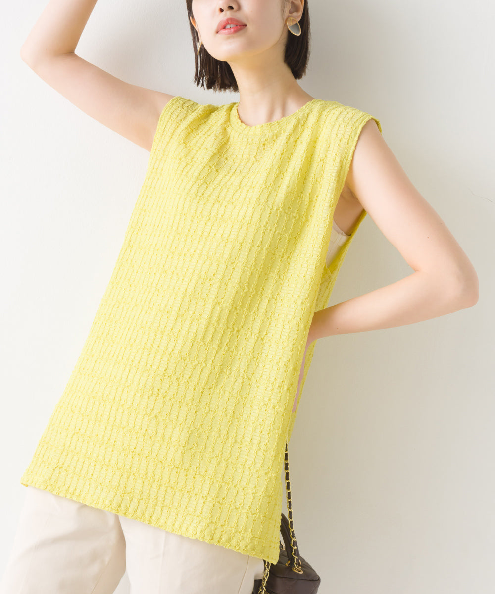 【OMNES】ポコポコストライプカットジャガードノースリーブTシャツ【1523-5372】