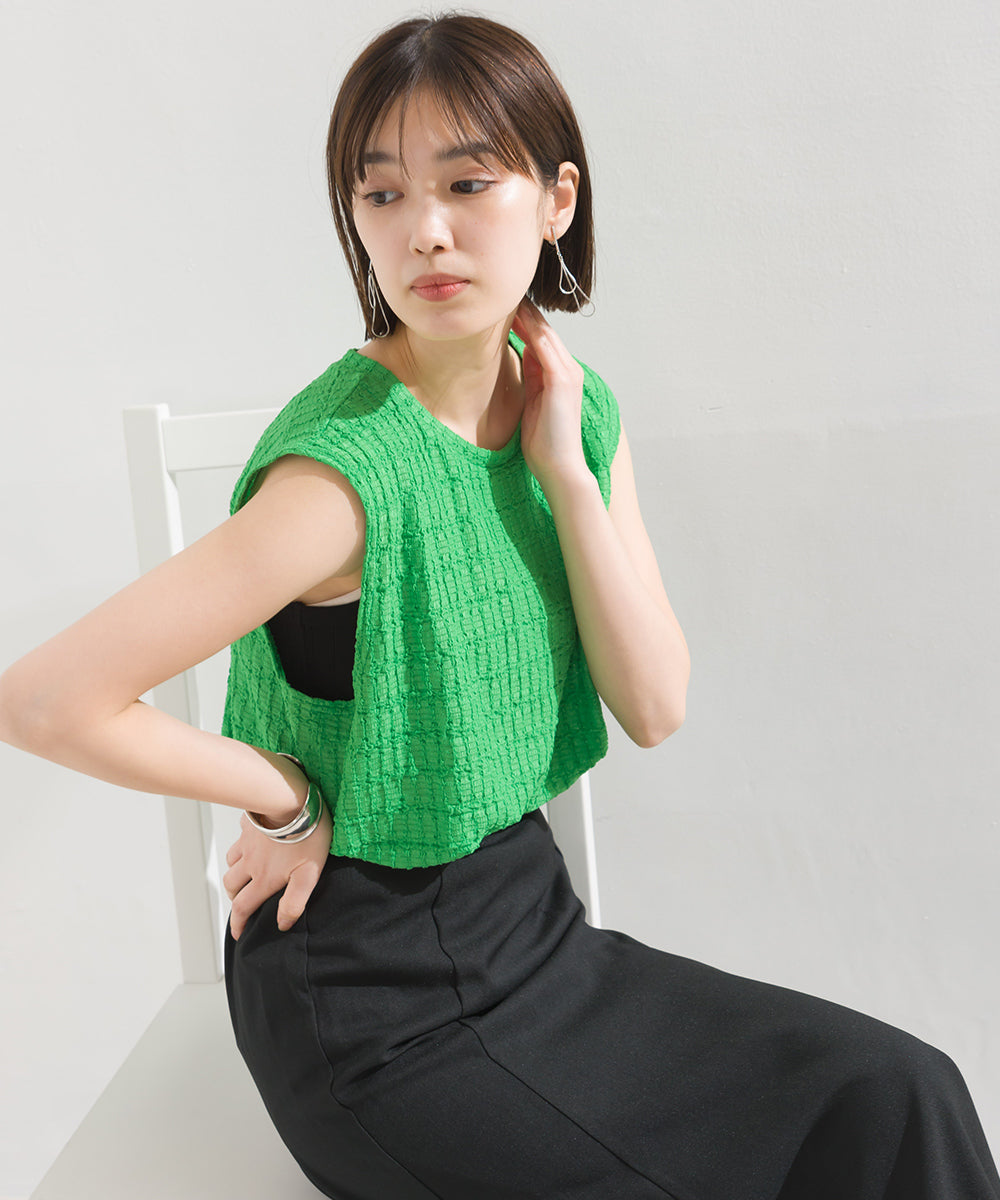 【OMNES】ポコポコストライプカットジャガードノースリーブTシャツ【1523-5372】