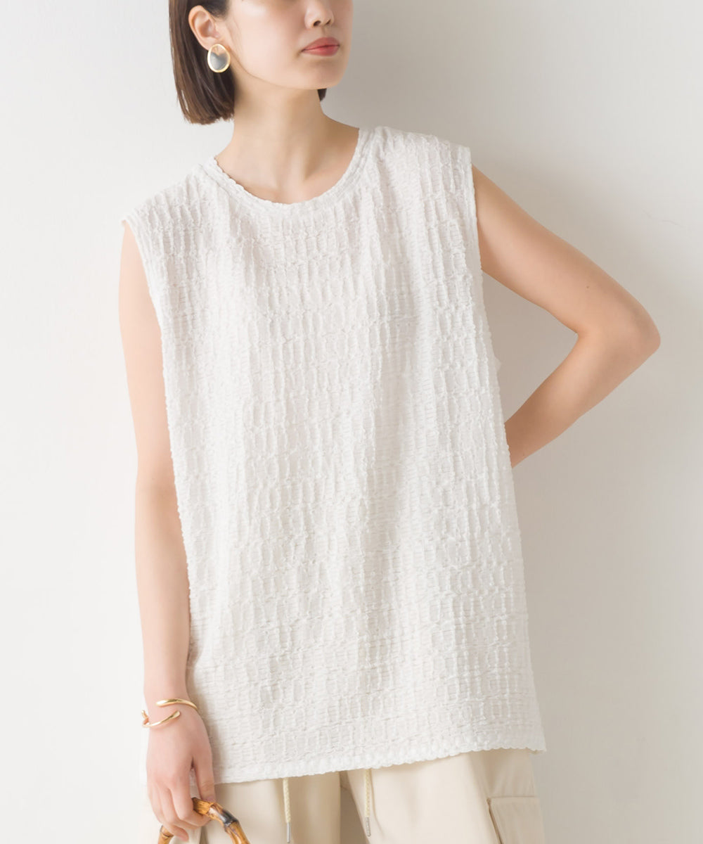 【OMNES】ポコポコストライプカットジャガードノースリーブTシャツ【1523-5372】