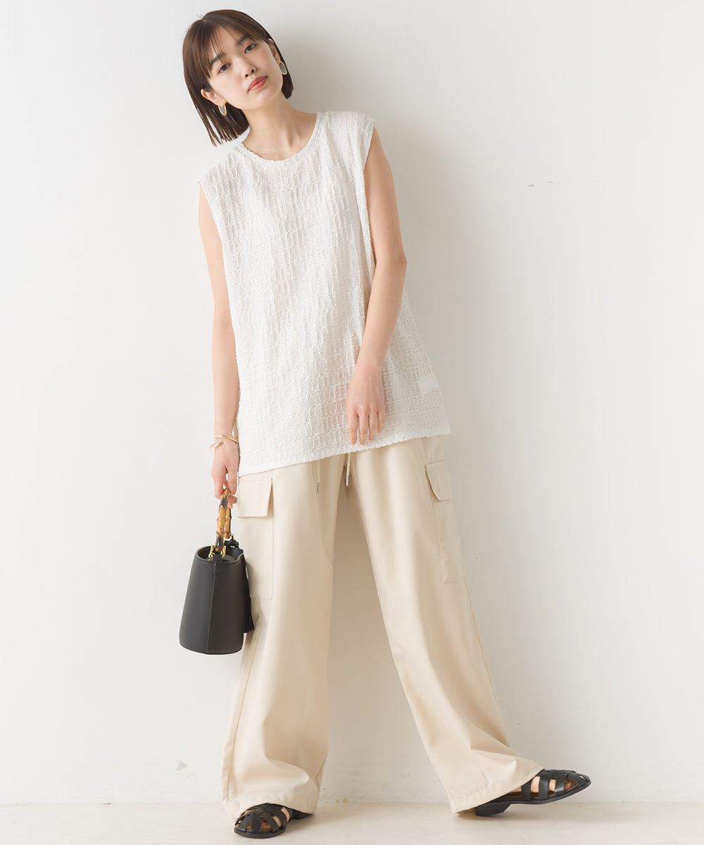 【OMNES】ポコポコストライプカットジャガードノースリーブTシャツ【1523-5372】