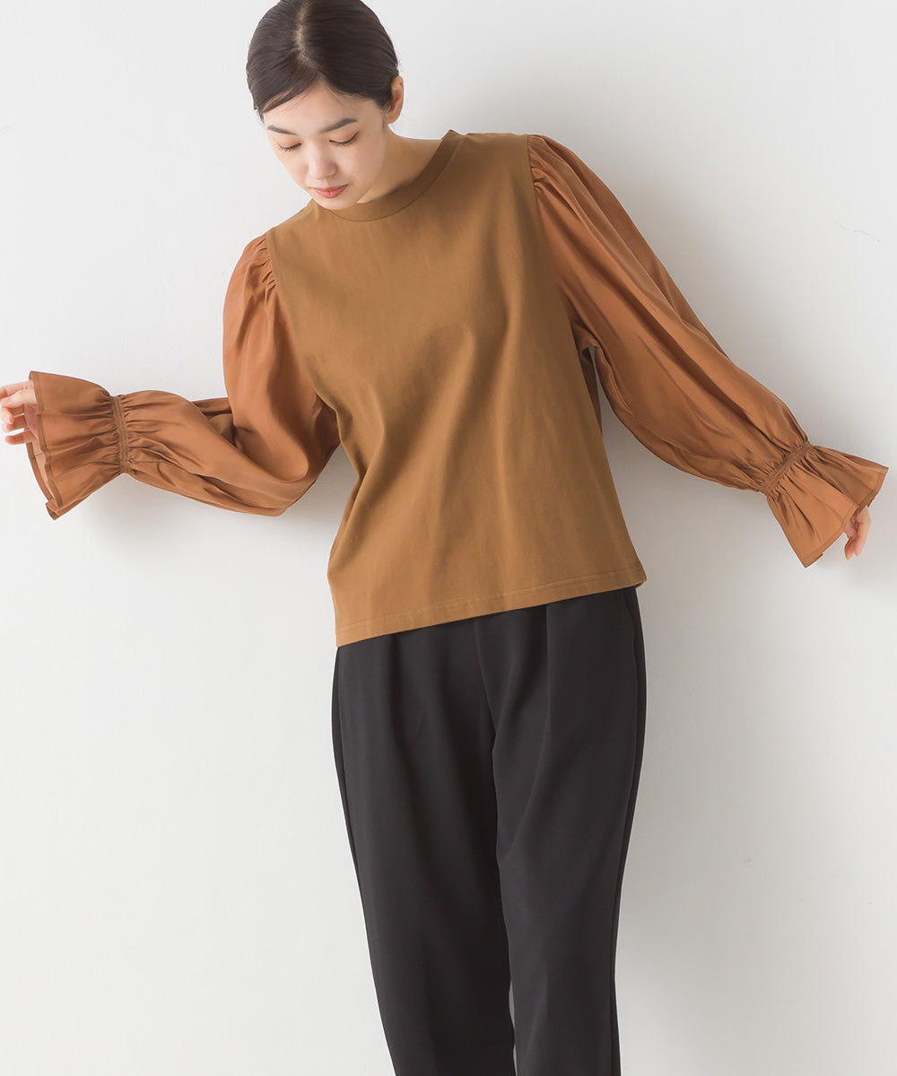 【OMNES】布帛切り替えキャンディースリーブ長袖Tシャツ【1523-5402】