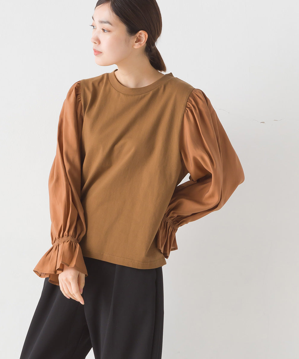 【OMNES】布帛切り替えキャンディースリーブ長袖Tシャツ【1523-5402】