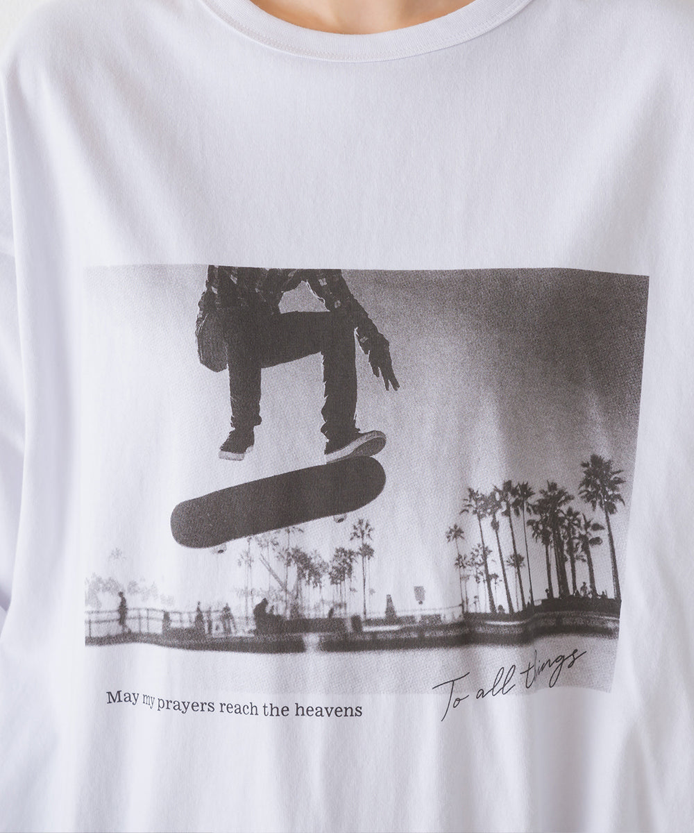【OMNES】ユニセックスドロスト付プリント長袖Tシャツ【1523-5403】