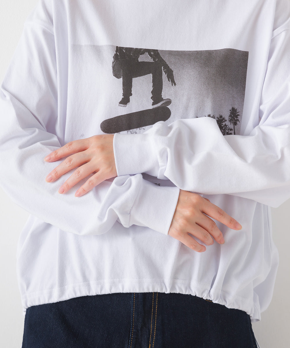 【OMNES】ユニセックスドロスト付プリント長袖Tシャツ【1523-5403】