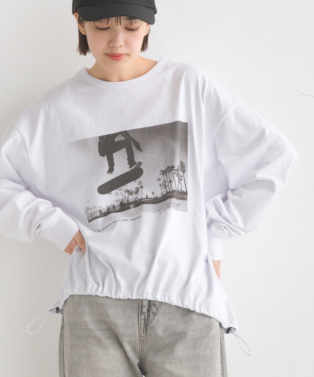 【OMNES】ユニセックスドロスト付プリント長袖Tシャツ【1523-5403】