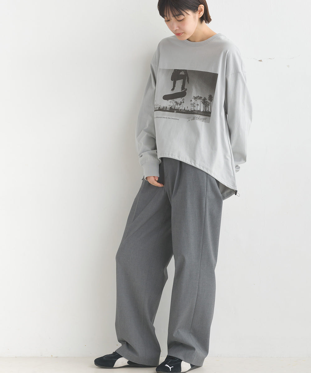 【OMNES】ユニセックスドロスト付プリント長袖Tシャツ【1523-5403】