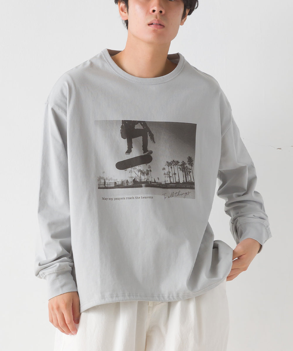 【OMNES】ユニセックスドロスト付プリント長袖Tシャツ【1523-5403】