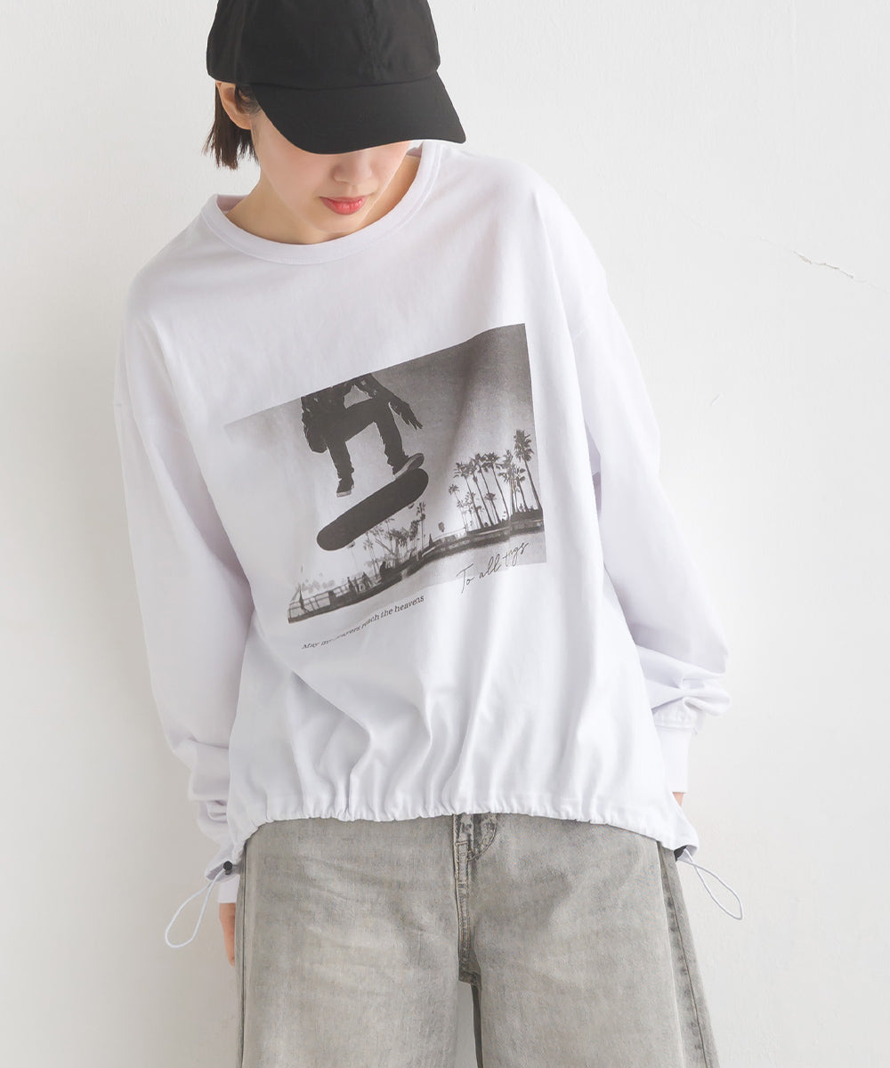 【OMNES】ユニセックスドロスト付プリント長袖Tシャツ【1523-5403】