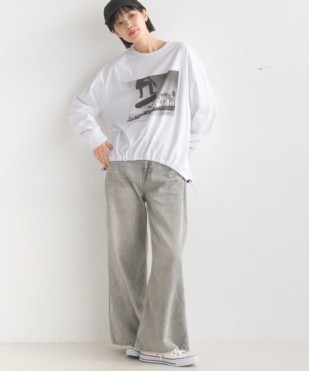 【OMNES】ユニセックスドロスト付プリント長袖Tシャツ【1523-5403】