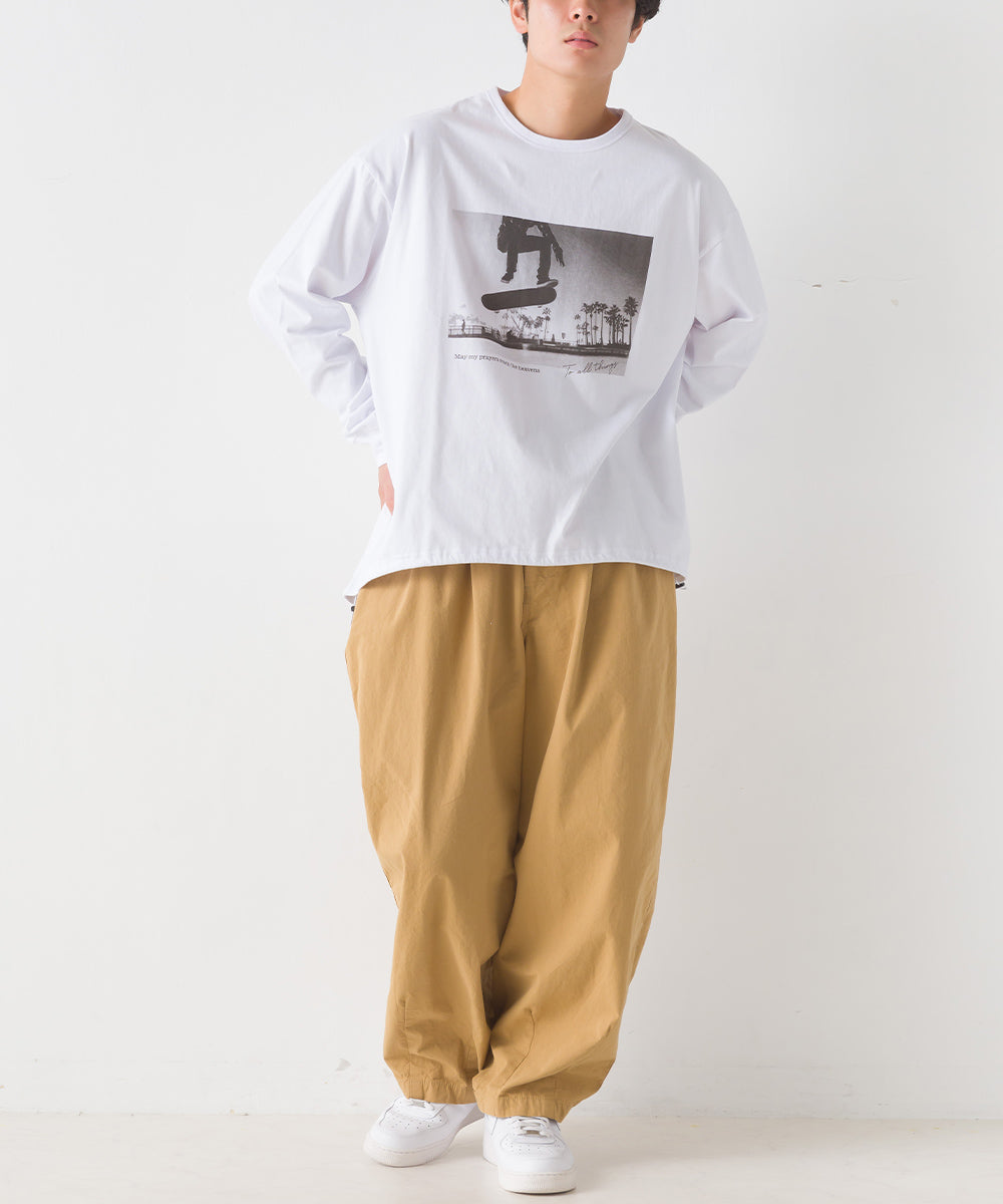 【OMNES】ユニセックスドロスト付プリント長袖Tシャツ【1523-5403】