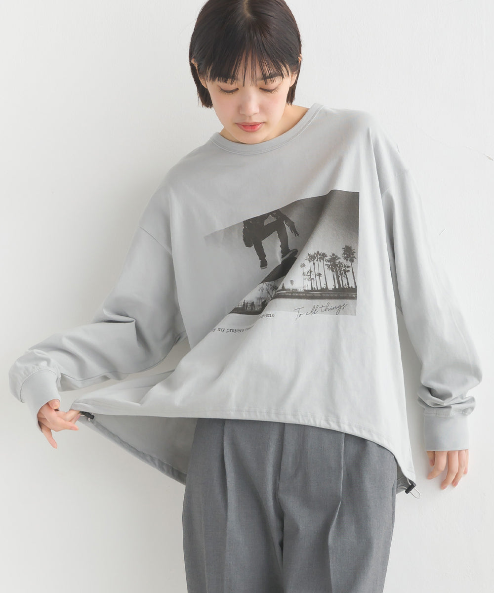【OMNES】ユニセックスドロスト付プリント長袖Tシャツ【1523-5403】