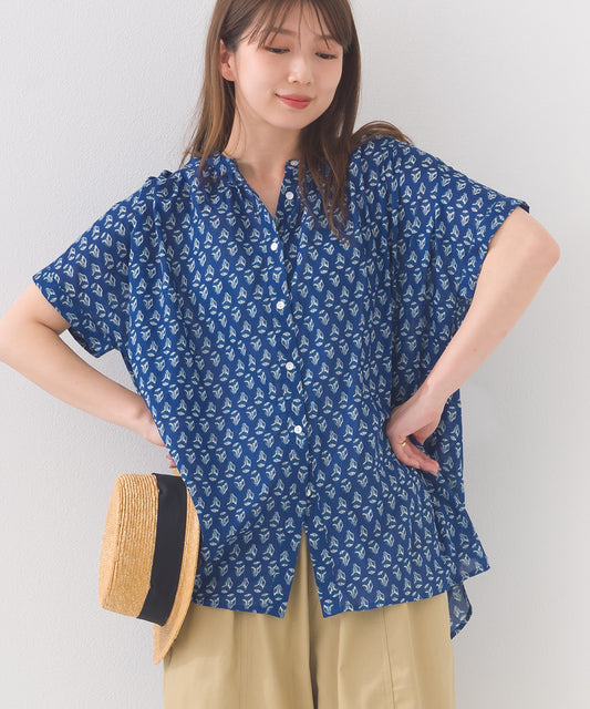 【OMNES】コットンボイル総柄ワイドシルエットギャザー半袖シャツ【1524-4183】