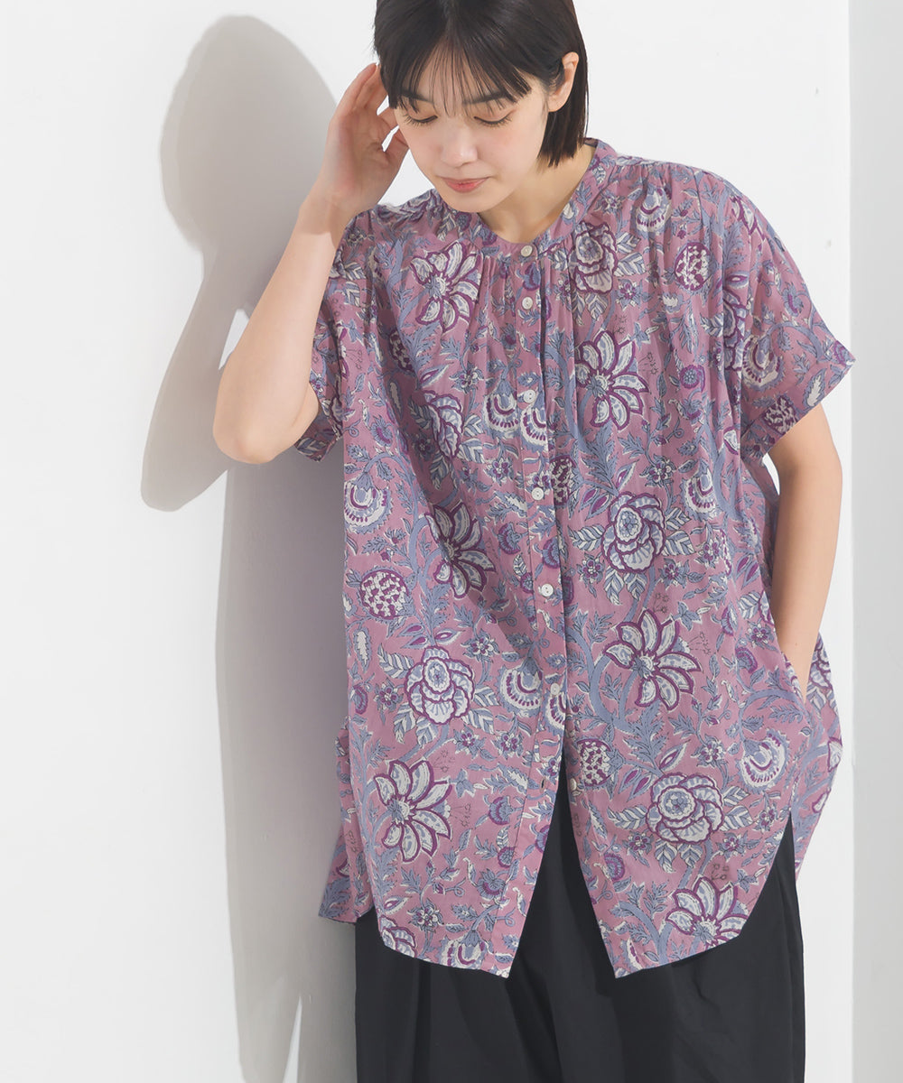 【OMNES】コットンボイル総柄ワイドシルエットギャザー半袖シャツ【1524-4183】