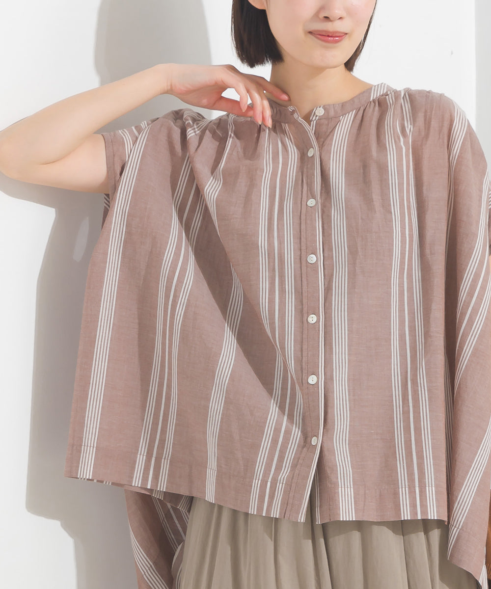 【OMNES】コットンボイル総柄フレンチスリーブギャザーシャツ【1524-4184】