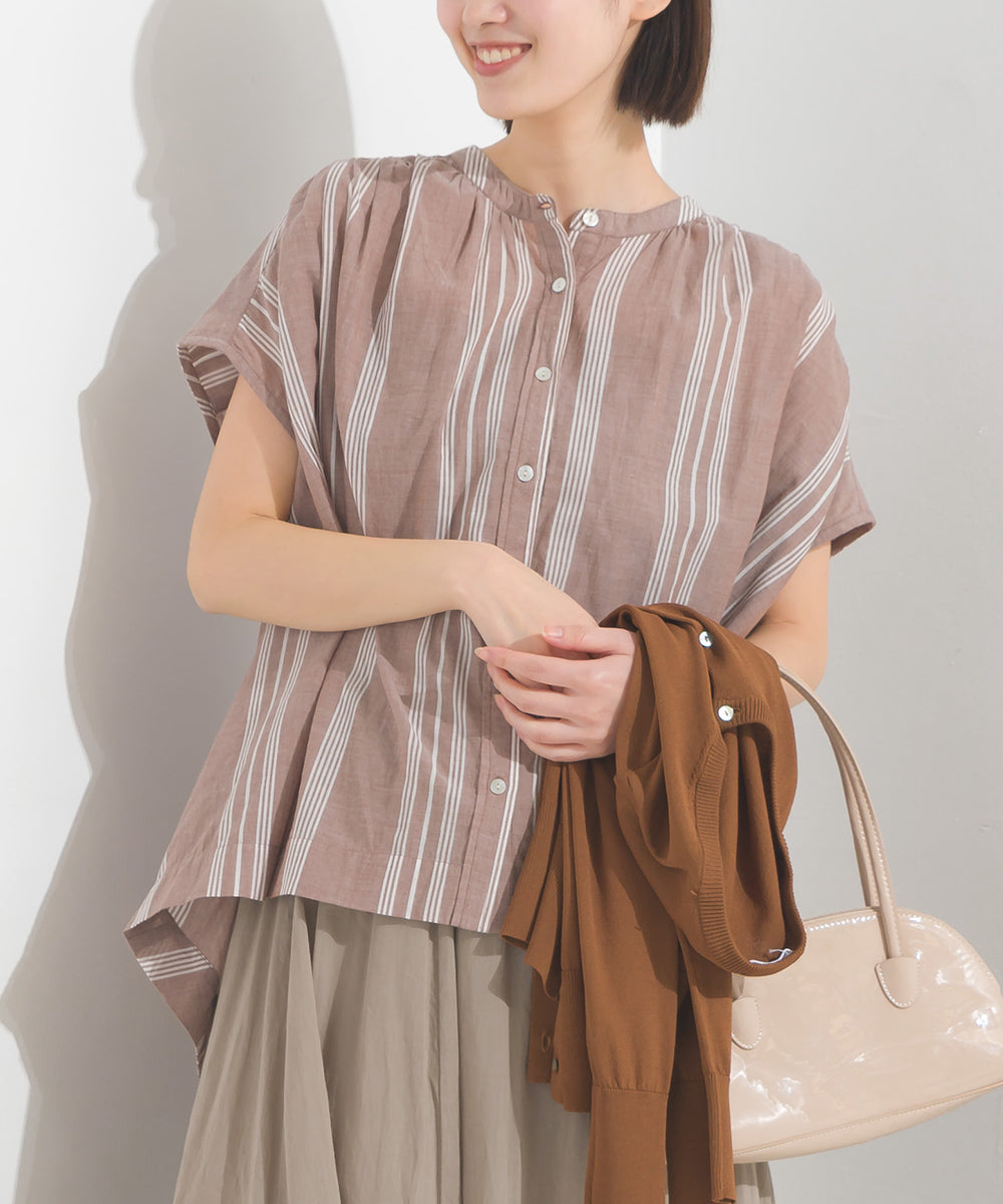 【OMNES】コットンボイル総柄フレンチスリーブギャザーシャツ【1524-4184】