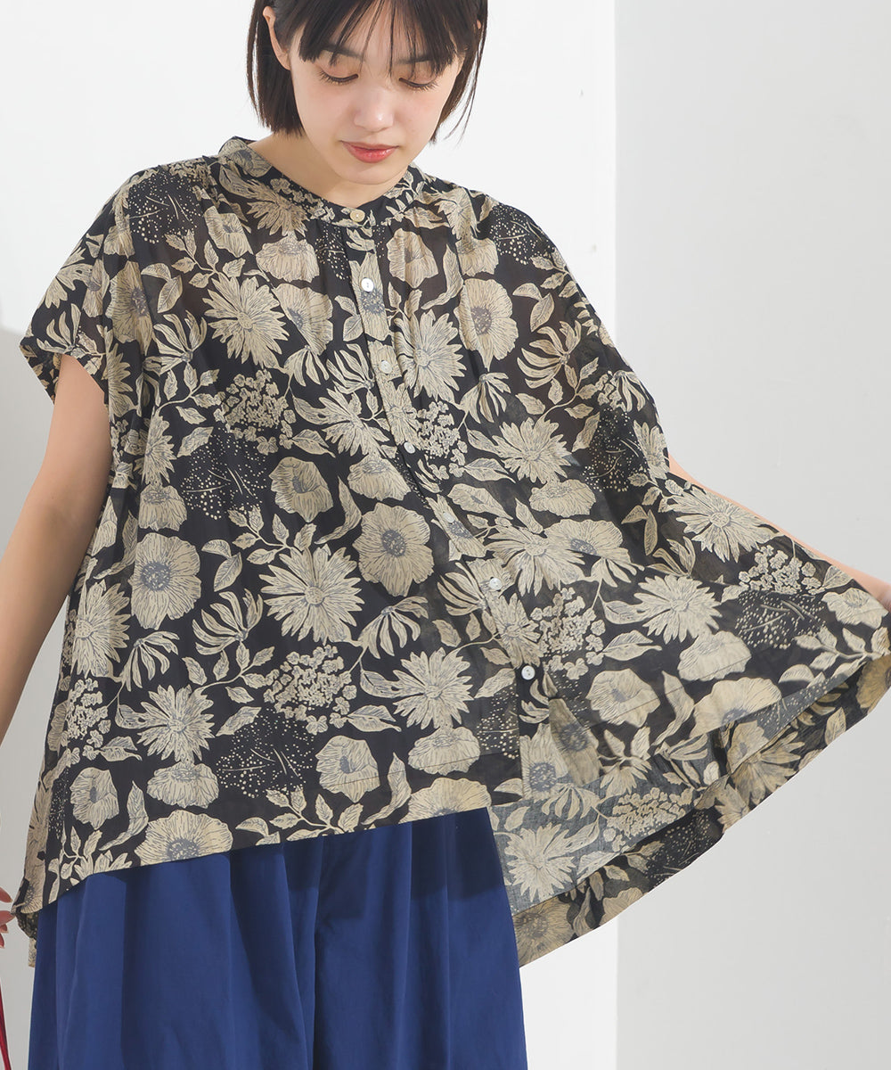 【OMNES】コットンボイル総柄フレンチスリーブギャザーシャツ【1524-4184】