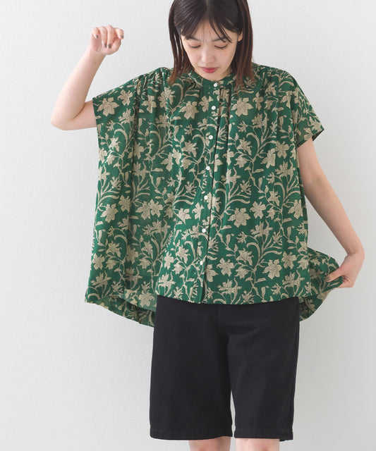 【OMNES】コットンボイル総柄フレンチスリーブギャザーシャツ【1524-4184】