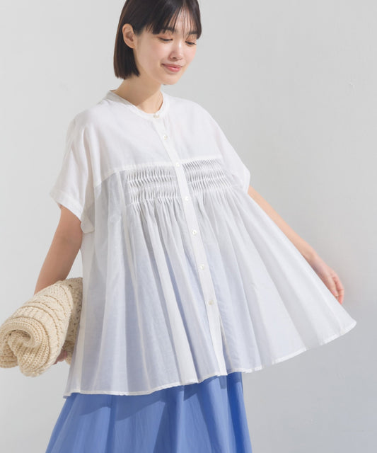 【OMNES】コットンボイルタックギャザー半袖シャツ【1524-4190】