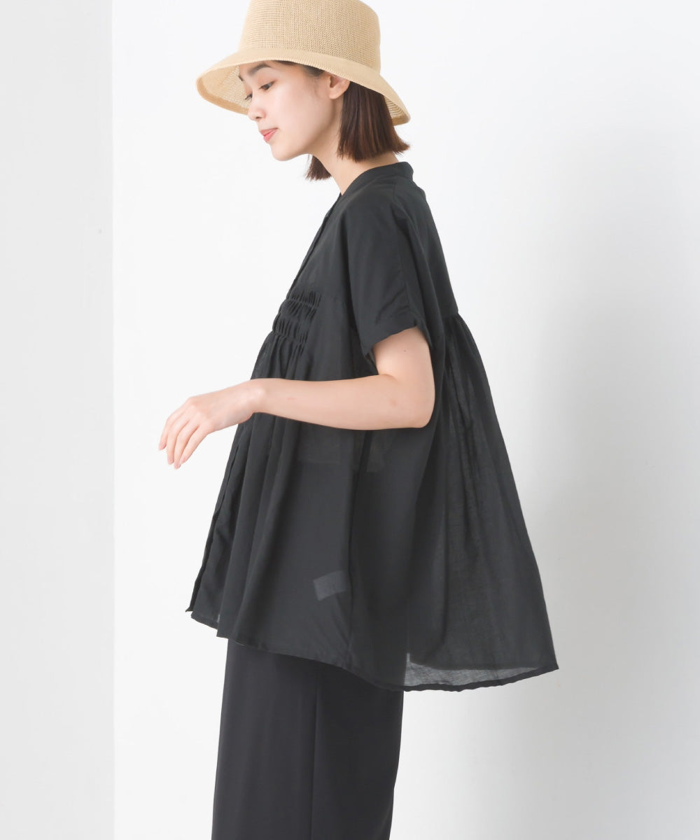 【OMNES】コットンボイルタックギャザー半袖シャツ【1524-4190】