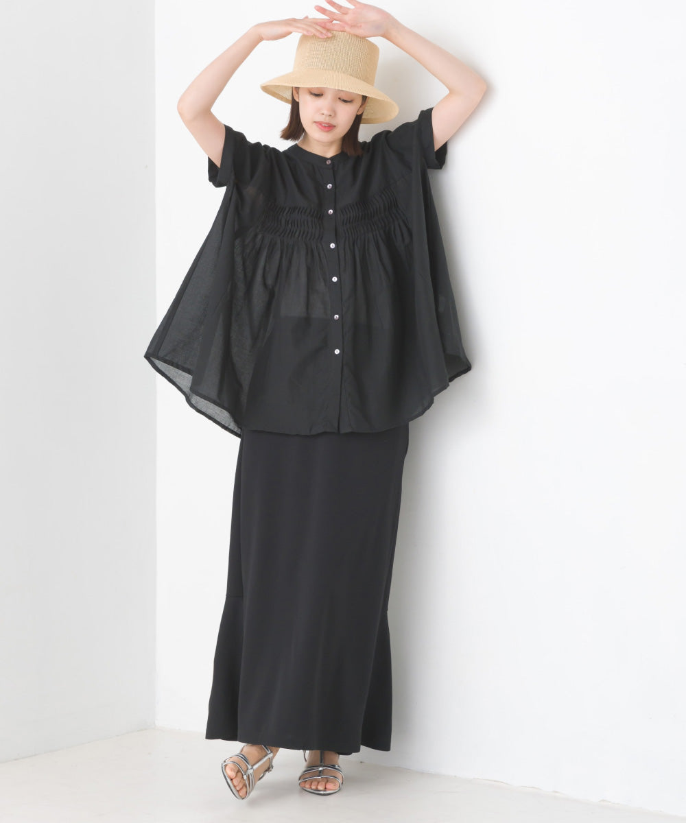 【OMNES】コットンボイルタックギャザー半袖シャツ【1524-4190】