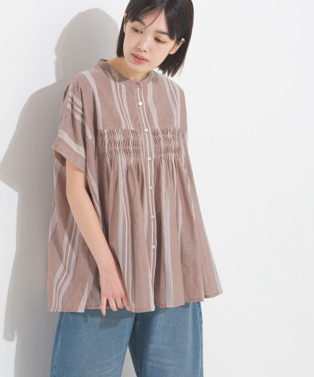 【OMNES】コットンボイルタックギャザー半袖シャツ【1524-4190】
