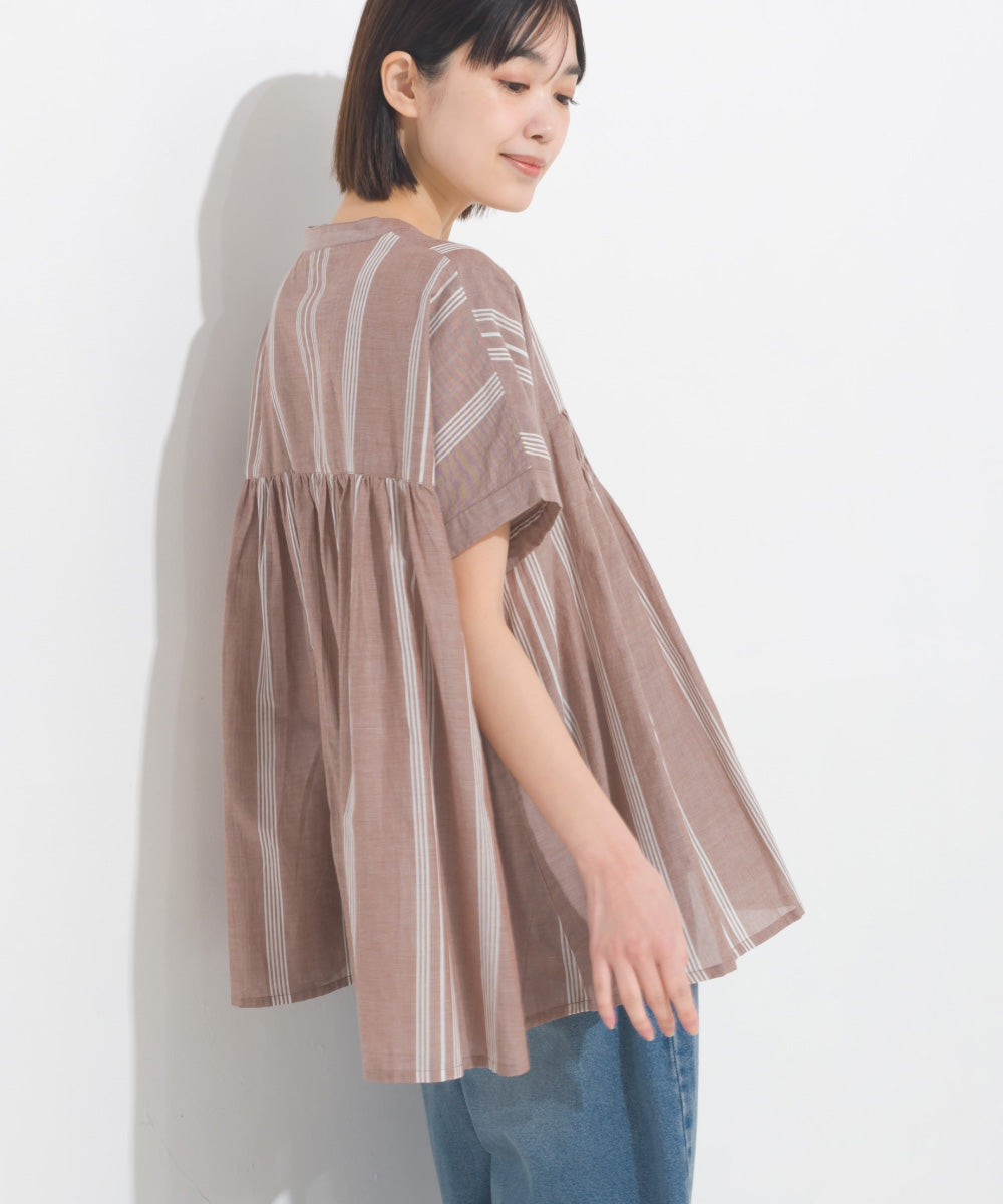【OMNES】コットンボイルタックギャザー半袖シャツ【1524-4190】