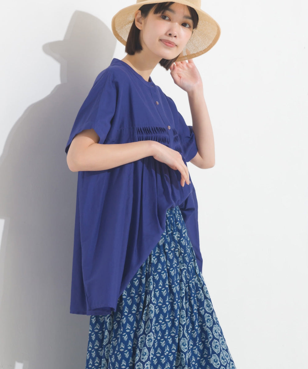 【OMNES】コットンボイルタックギャザー半袖シャツ【1524-4190】