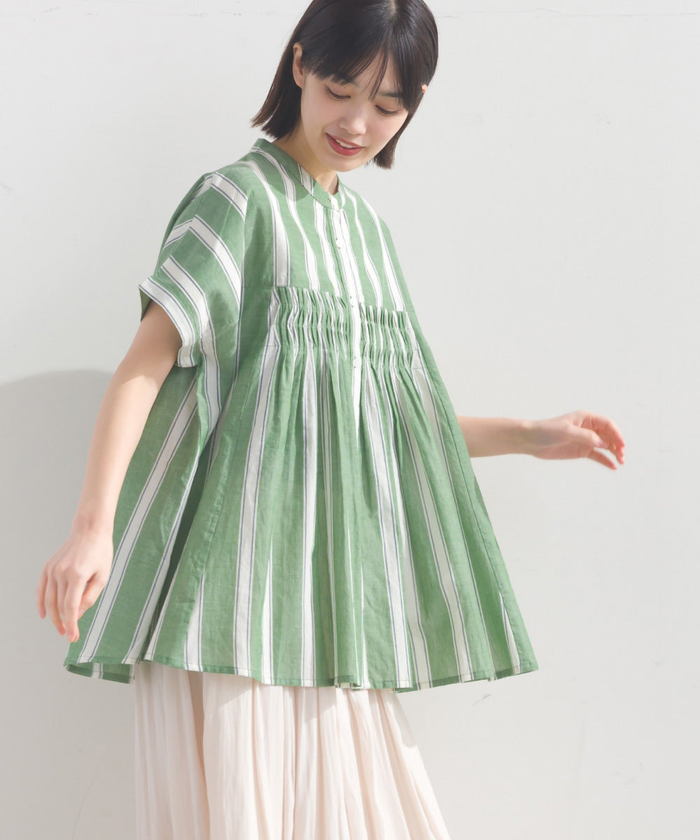 【OMNES】コットンボイルタックギャザー半袖シャツ【1524-4190】