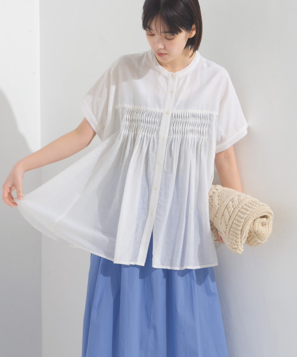 【OMNES】コットンボイルタックギャザー半袖シャツ【1524-4190】