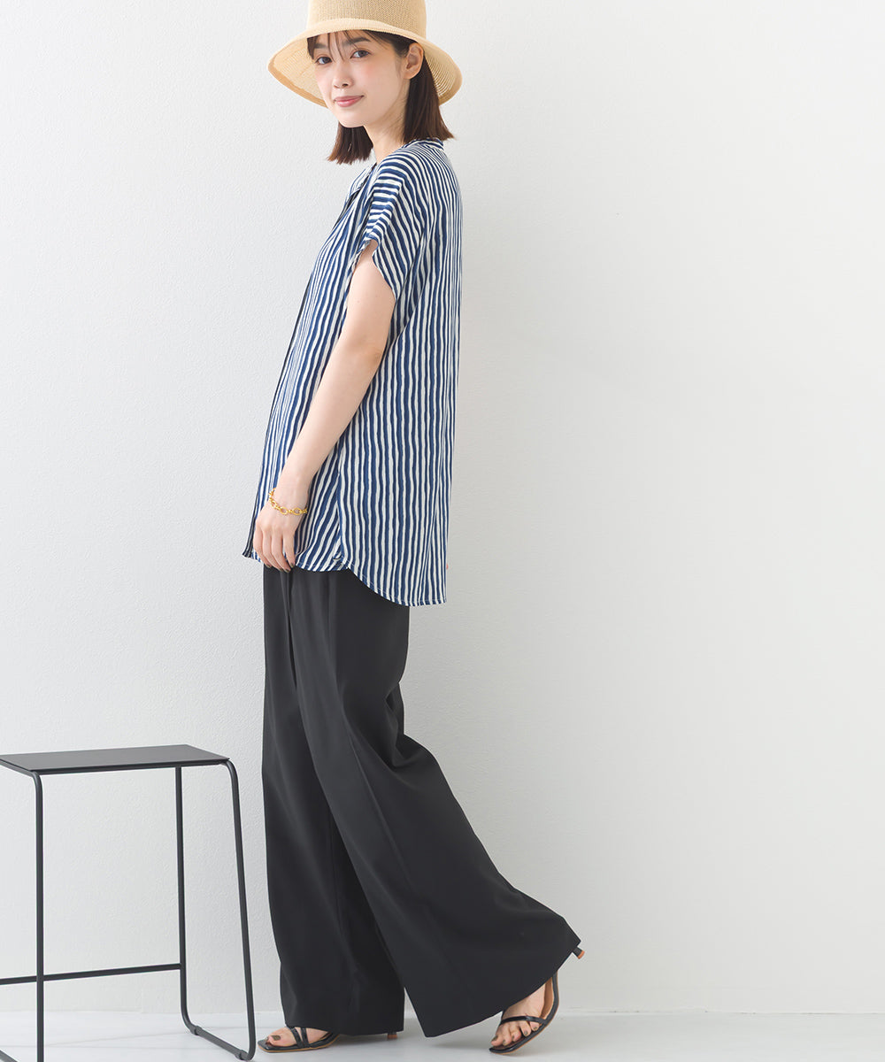 【OMNES】レーヨンフレンチスリーブバンドカラーシャツ【1524-4196】