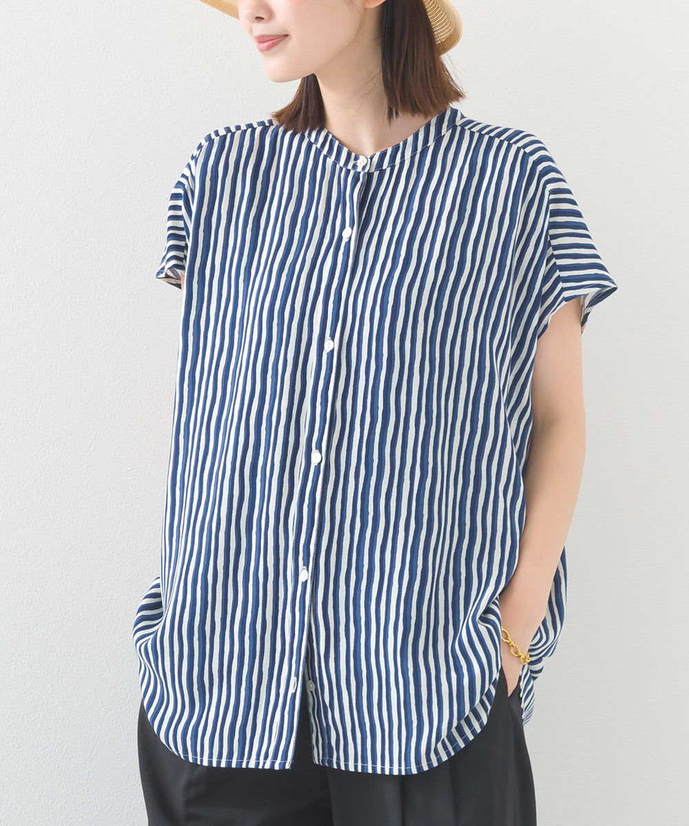 【OMNES】レーヨンフレンチスリーブバンドカラーシャツ【1524-4196】