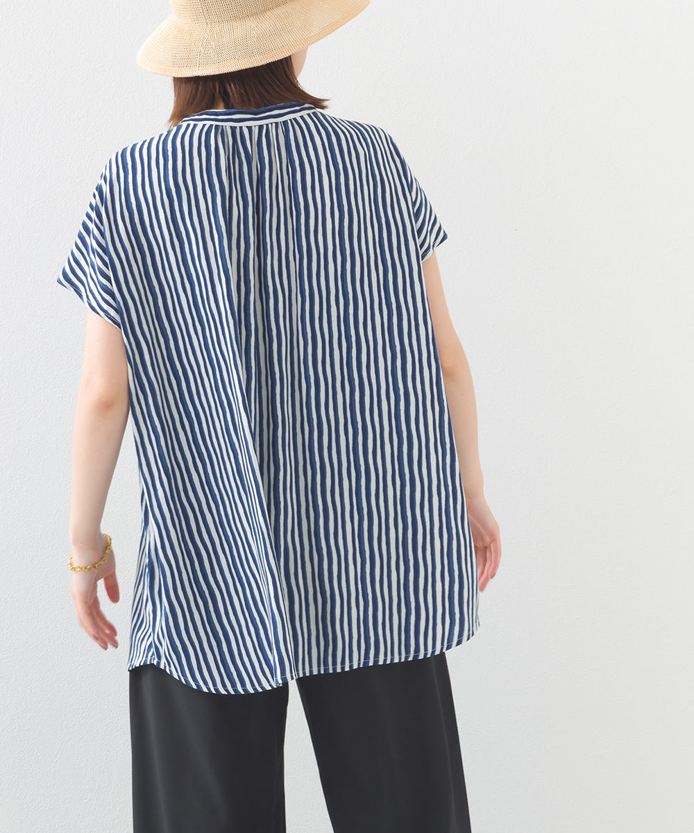 【OMNES】レーヨンフレンチスリーブバンドカラーシャツ【1524-4196】