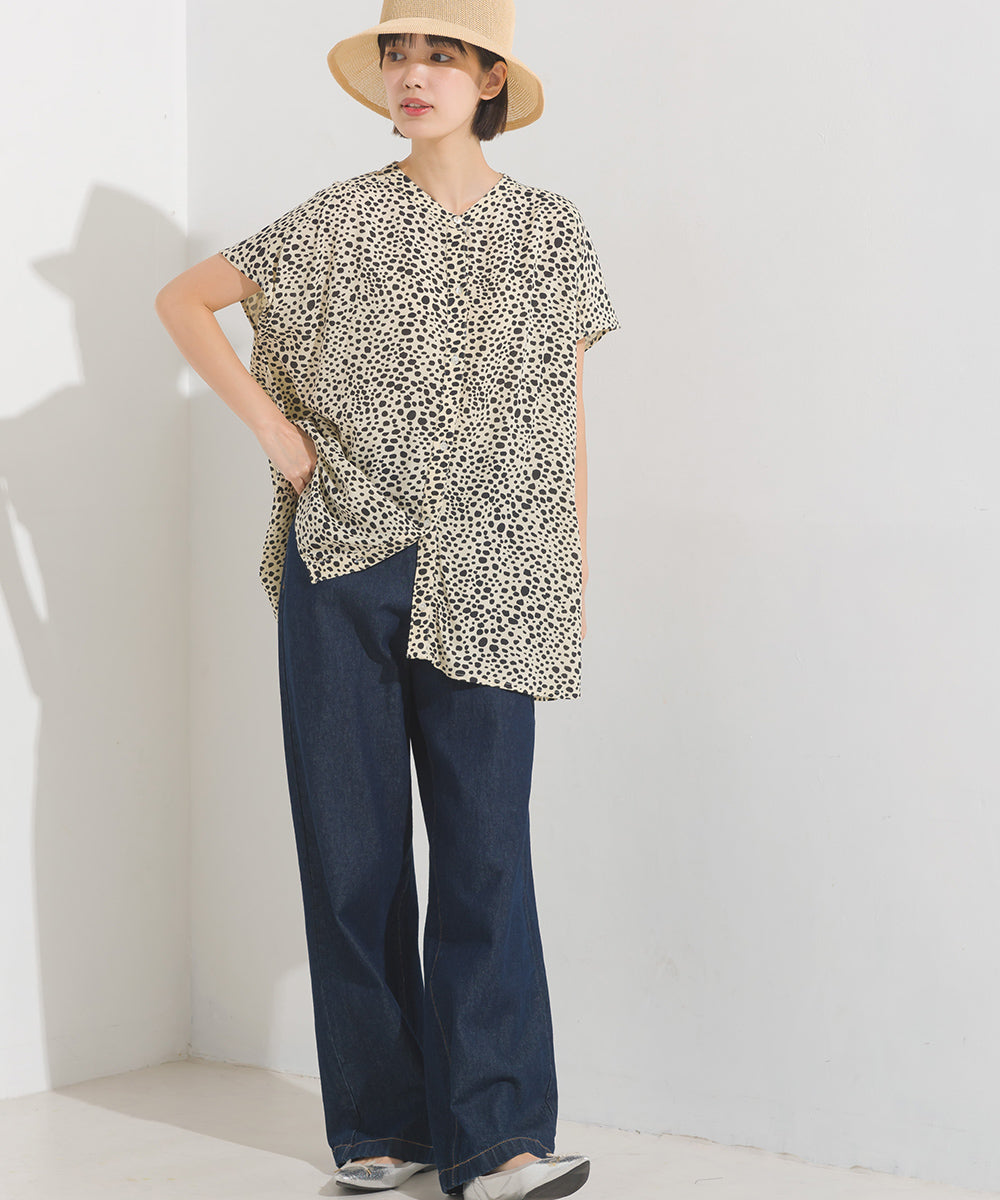 【OMNES】レーヨンフレンチスリーブバンドカラーシャツ【1524-4196】