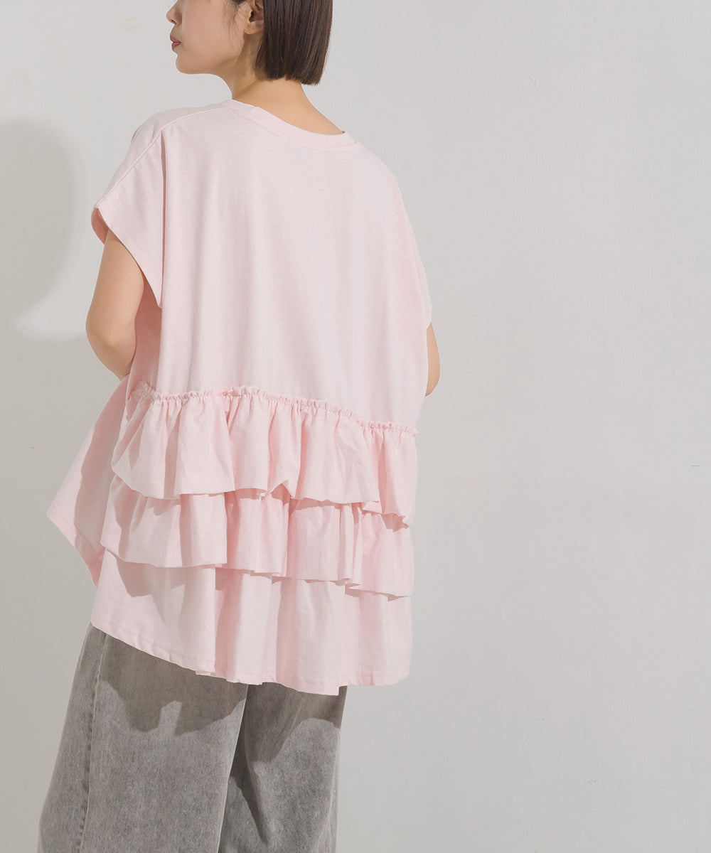 【OMNES】バイオポリウォッシュバックフリルプルオーバーTシャツ【1524-5518】