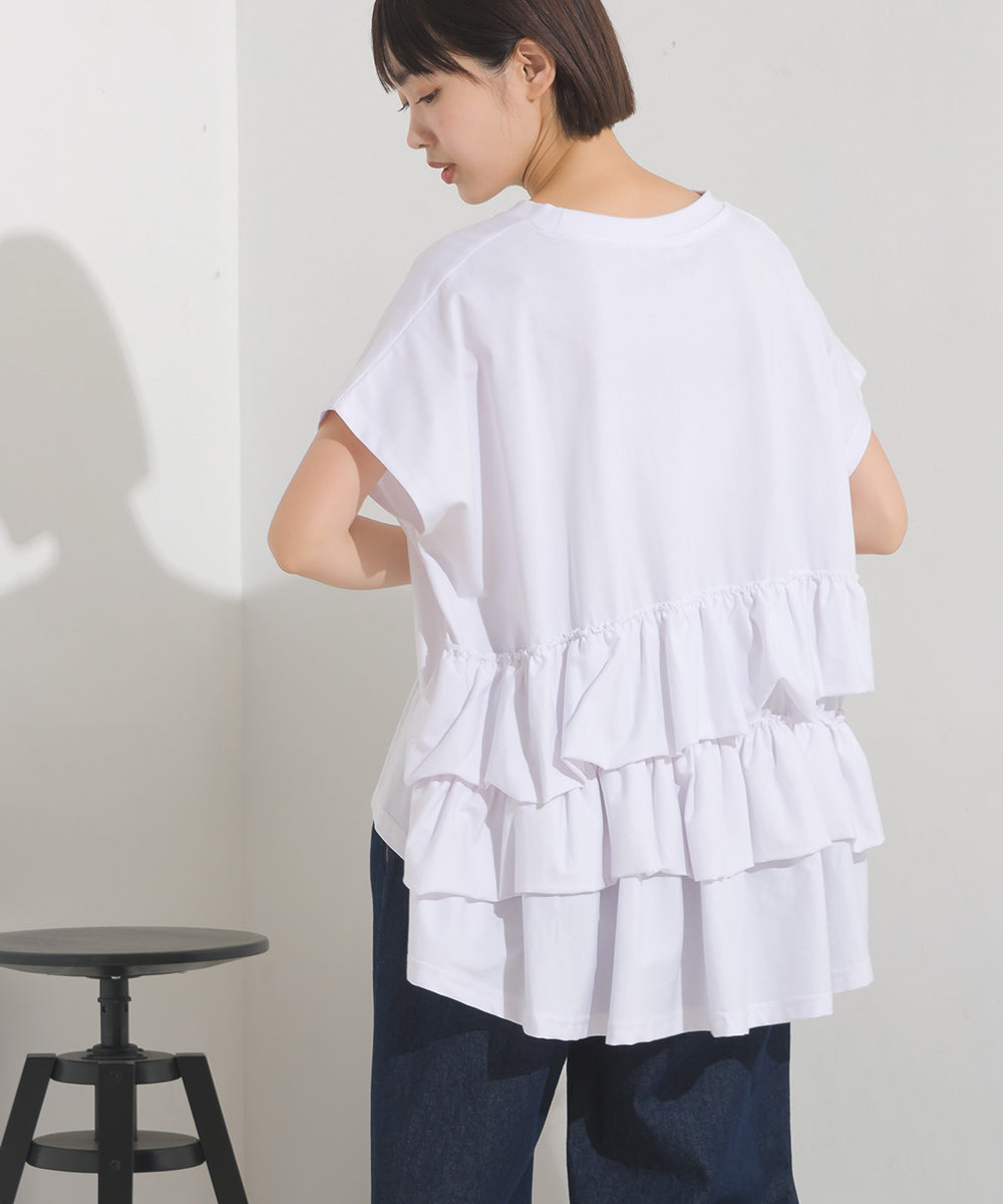 【OMNES】バイオポリウォッシュバックフリルプルオーバーTシャツ【1524-5518】