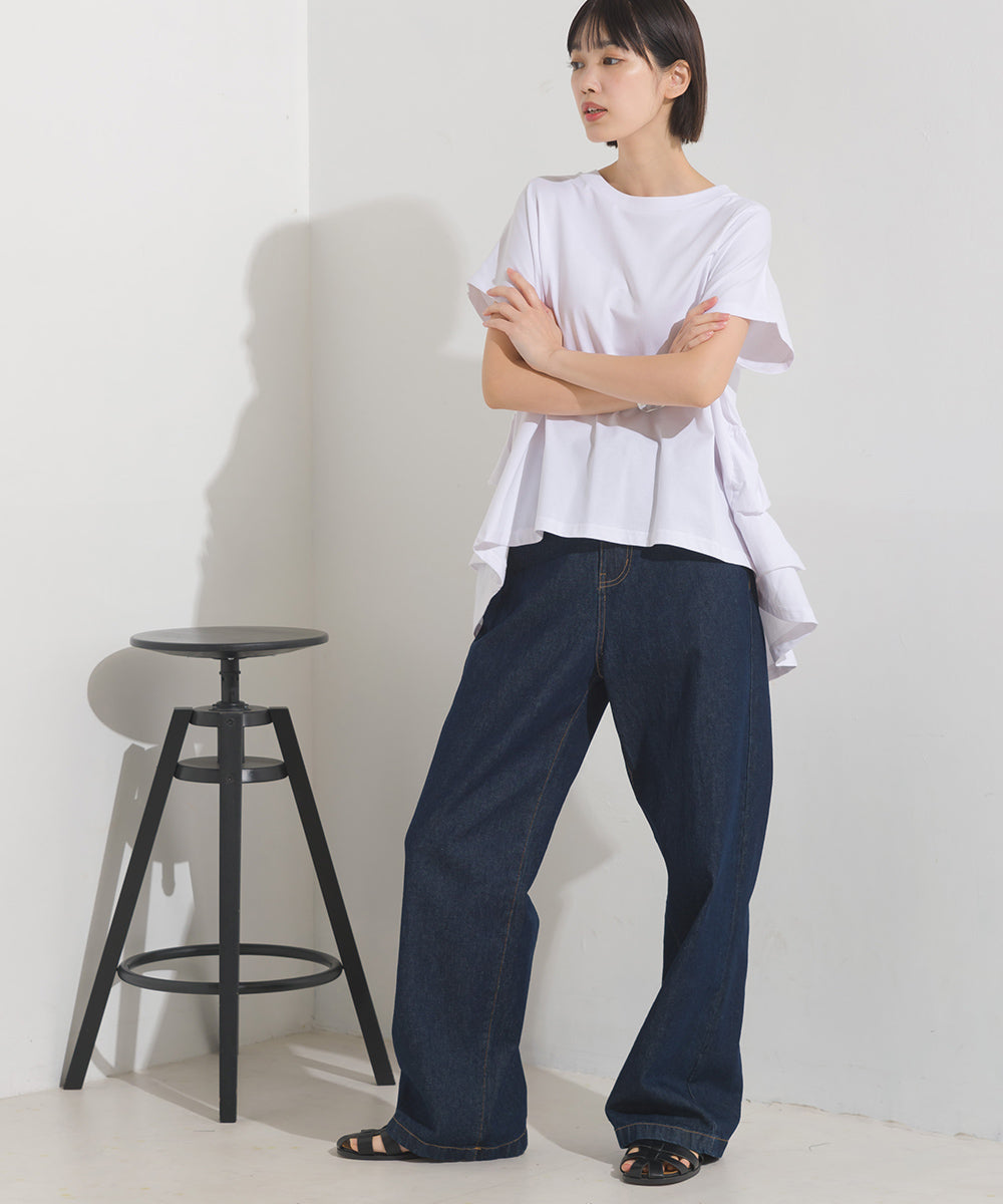 【OMNES】バイオポリウォッシュバックフリルプルオーバーTシャツ【1524-5518】