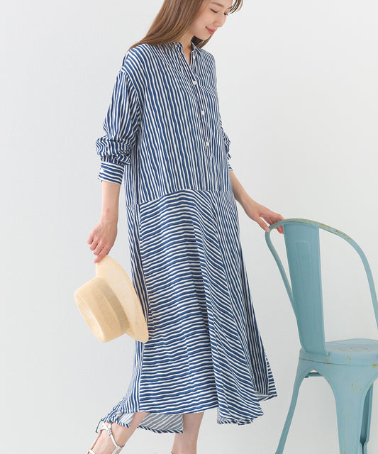 【OMNES】レーヨンバンドカラー裾フレアワンピース【1524-9107】