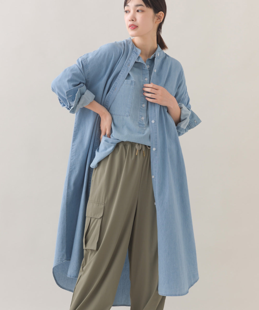 【OMNES】シャンブレーバンドカラー裾ラウンドロングシャツワンピース【253W427OMN035】