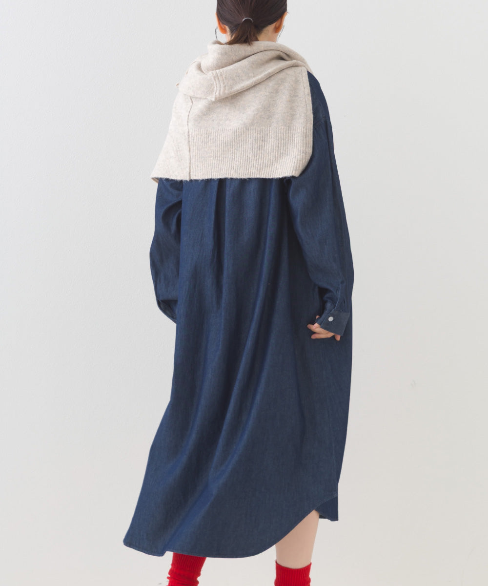 【OMNES】シャンブレーバンドカラー裾ラウンドロングシャツワンピース【253W427OMN035】