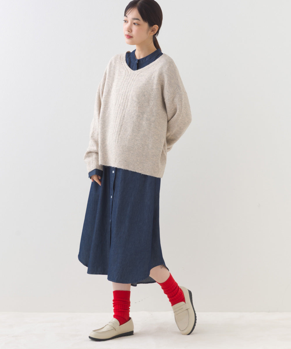 【OMNES】シャンブレーバンドカラー裾ラウンドロングシャツワンピース【253W427OMN035】