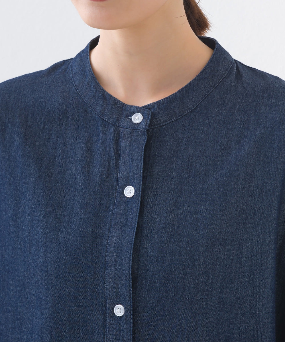 【OMNES】シャンブレーバンドカラー裾ラウンドロングシャツワンピース【253W427OMN035】